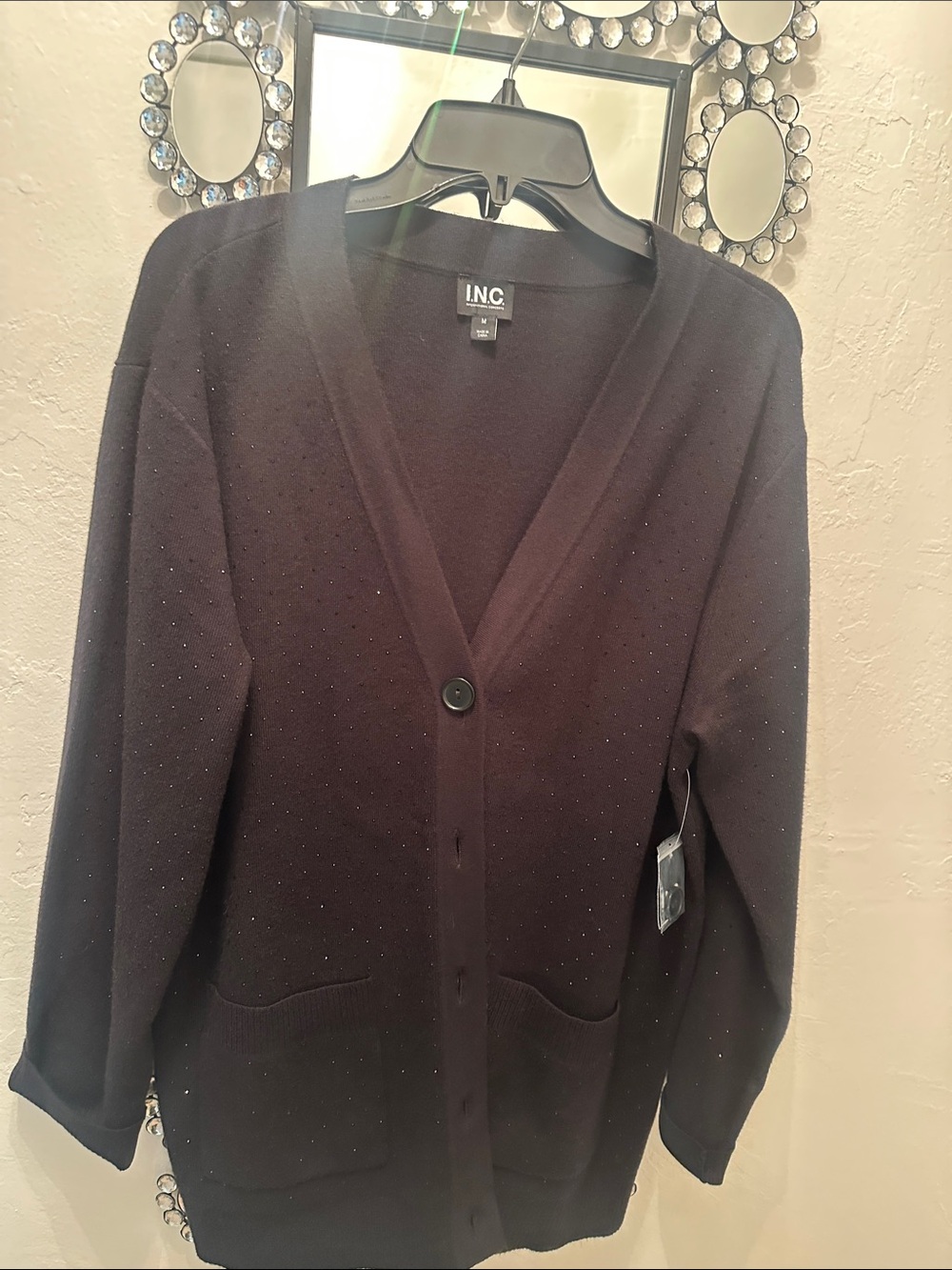 INC International Concepts Black V-Neck Button Cardigan with Subtle Sparkle